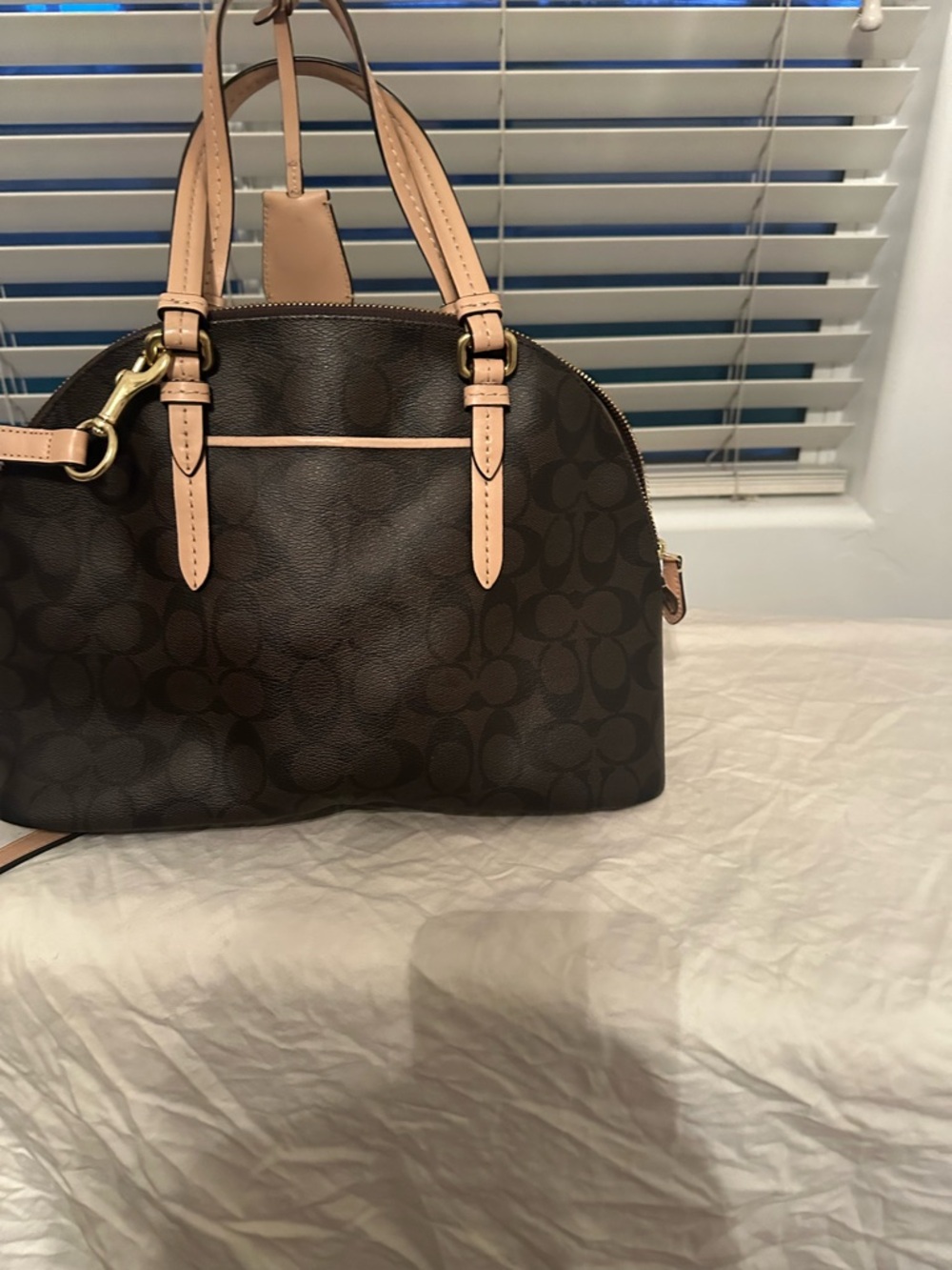 Coach Peyton Brown Signature Dome Satchel with Beige Trim and Red Tag - Picture 2 of 5